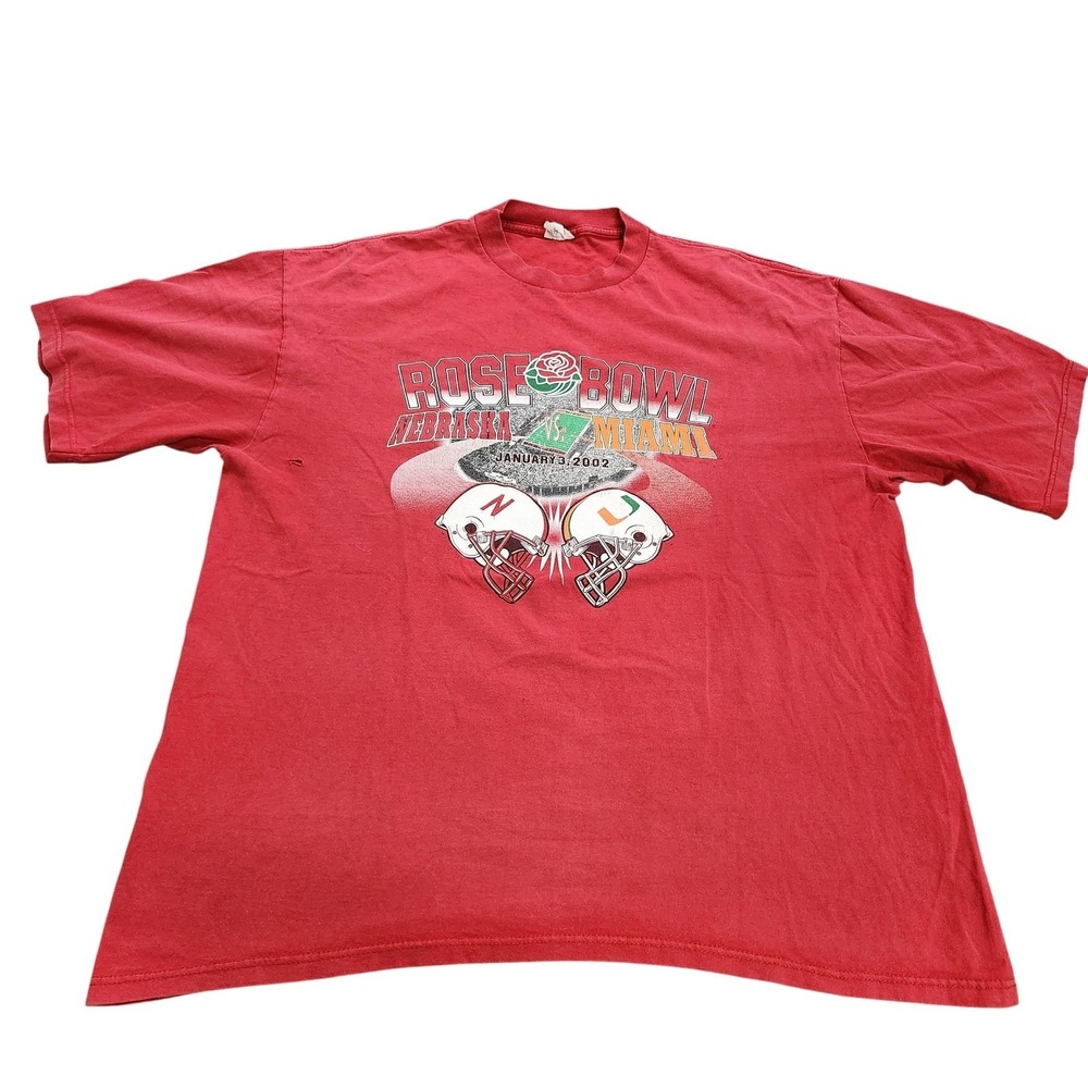 VINTAGE NEBRASKA MIAMI MENS XL RED NCAA ROSE BOWL 2002 FOOTBALL DELTA  T-SHIRT